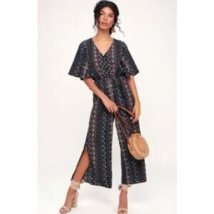 Moon River Boho chic Navy Wide Leg Jumpsuit Women’s Size L Festival Casual